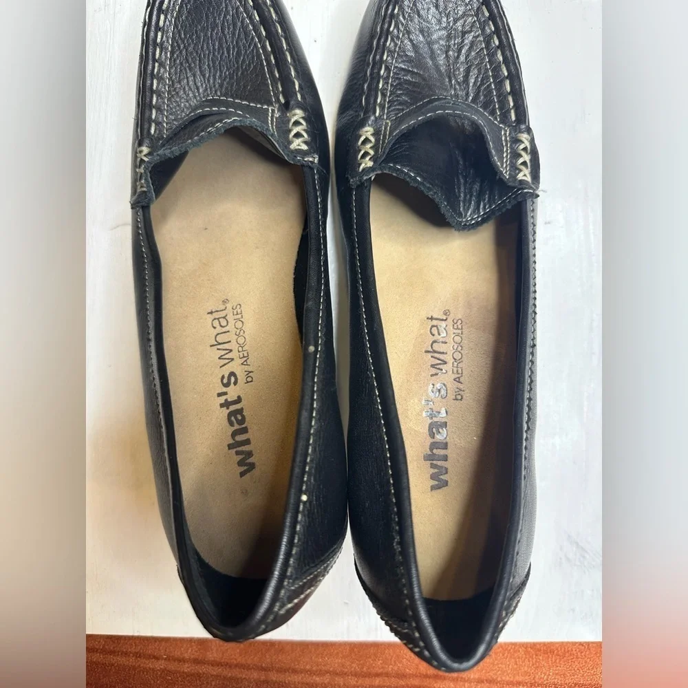 What’s What Aerosoles Black Leather Wedge Loafers Women’s 8 Twine N Dine